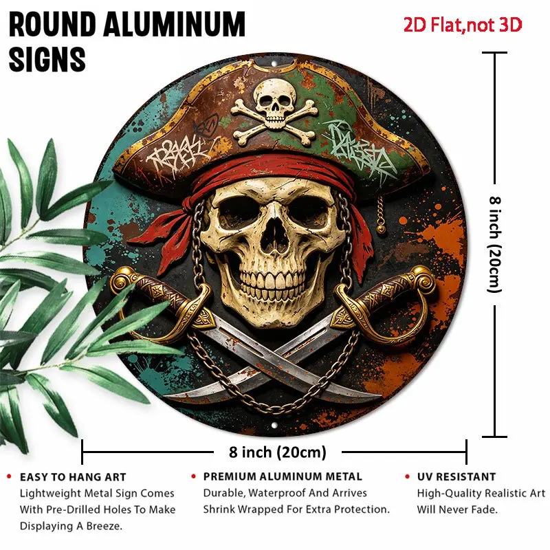 2D Flat Funny Metal Decor Sign, Skull Pirate Hat Red Bandana Swords Graffiti, Home Decor, Garden Decor, 2D Flat