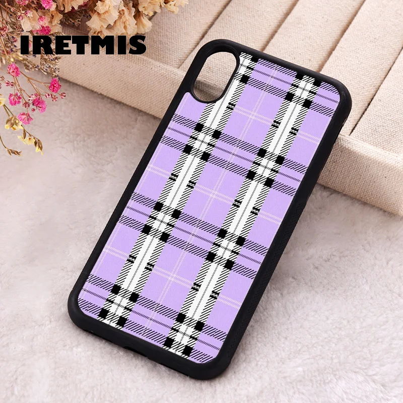 Iretmis Phone Cover Case For iPhone X XS Max XR 11 12 13 PRO MINI 14 15 16 Plus Rubber Silicone TPU Lavender Plaid