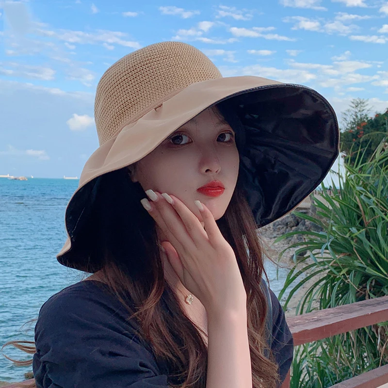 

New Summer Collection Women's Cap Black-Coated Wide-Brimmed Bucket Hat UV Protection Face-Shading Outdoor Sports Sun Hat