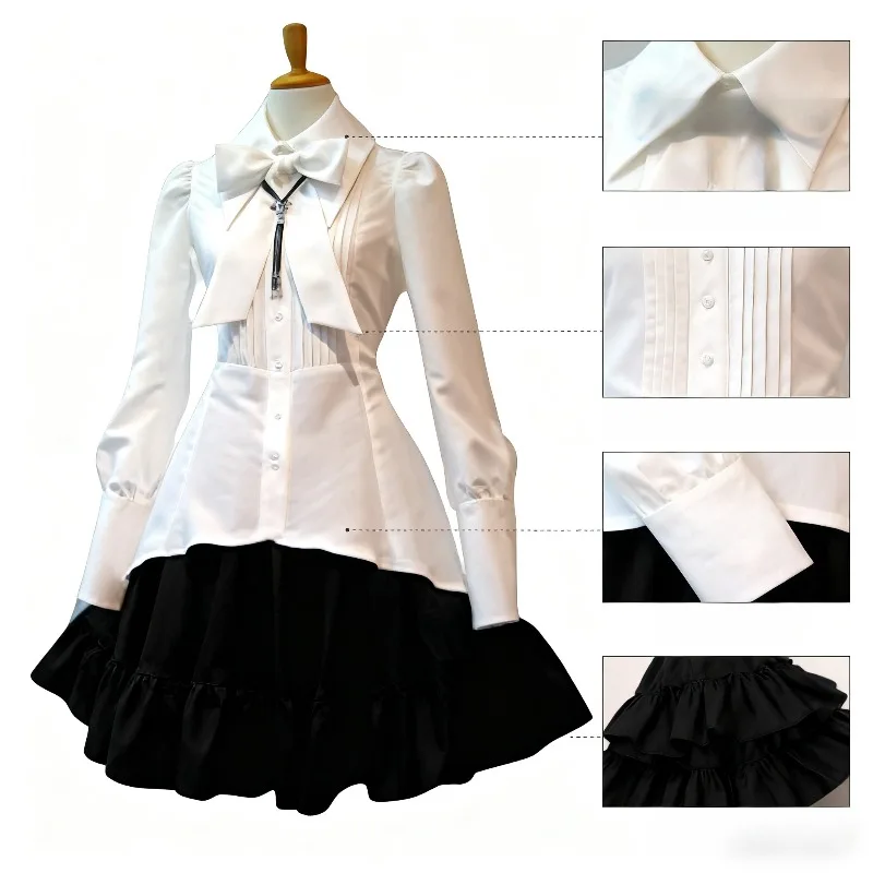 

Комплект платья с длинными рукавами в стиле готической Лолиты, винтажное платье с бантом и галстуком, контрастное цветное платье с рюшами для косплея, чаепития и повседневной носки