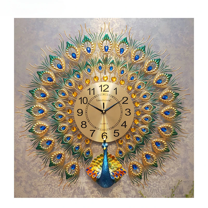 Haupt dekoration Luxus Gold Wand kunst Handwerk moderne große Pfau Design stille nicht tickende Uhr Wand für Wohnzimmer Dekoration