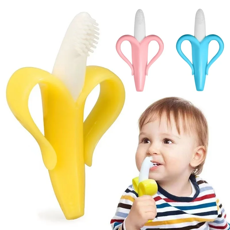 Banana Shaped Safe Baby Teether, Silicone Training Toothbrush, Banana Teething Ring, Chewing, Tooth Care