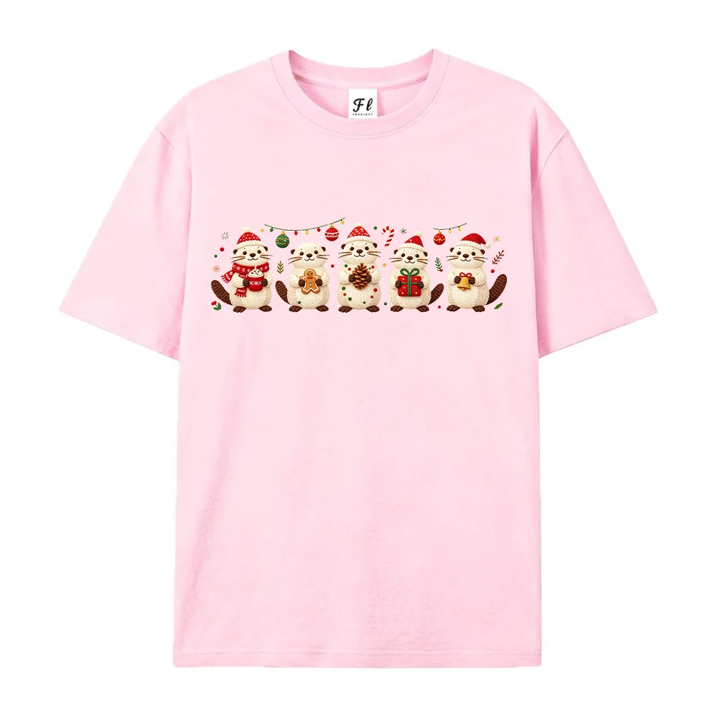 Women Cute Christmas Otters Graphic T Shirt Red Holiday Santa Hat Print Tees Casual Cotton Short Sleeve Christmas Tops