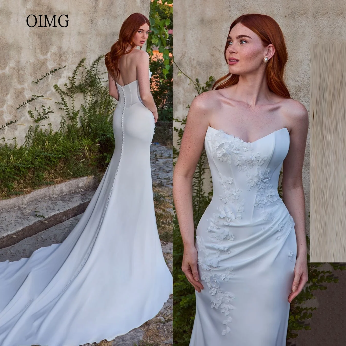 

OIMG Simple Mermaid Wedding Dress Lace Strapless Backless Bride Dresses Floor Length With Big Tail Wedding Gown Customized