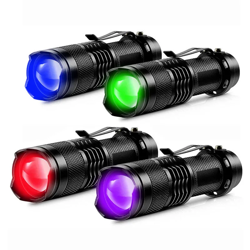 Mini Zoom Flashlight AA Battery Pocket Size 450nm Blue 525nm Green 625nm Red 395nm or 365nm UV Light Torch Lantern