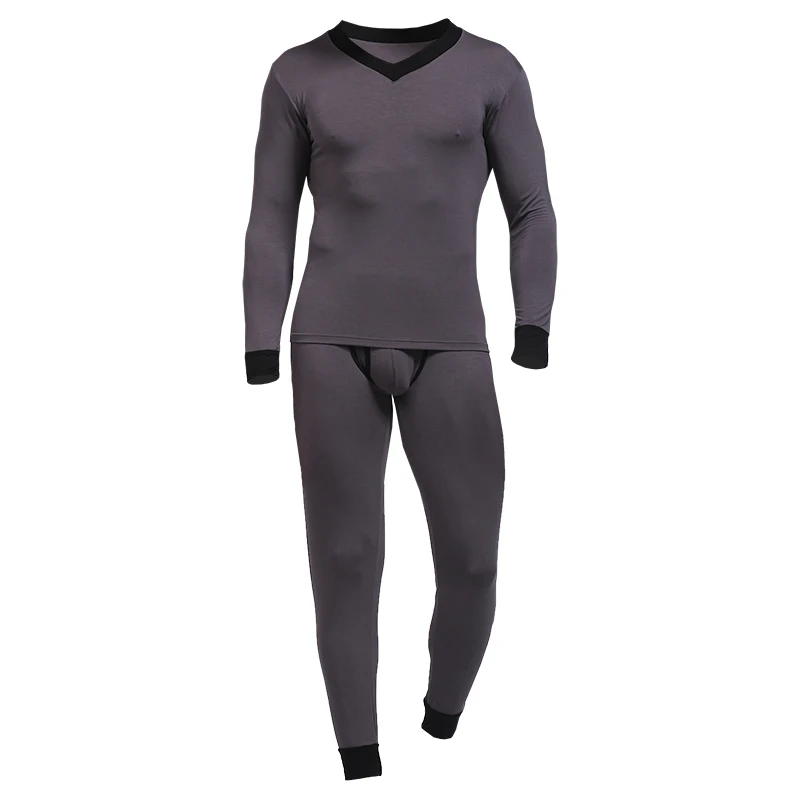 Men's Thin Modal V-Neck Basic Slim Fit Base Youth Autumn Clothes and Pants Thermal Underwear Set