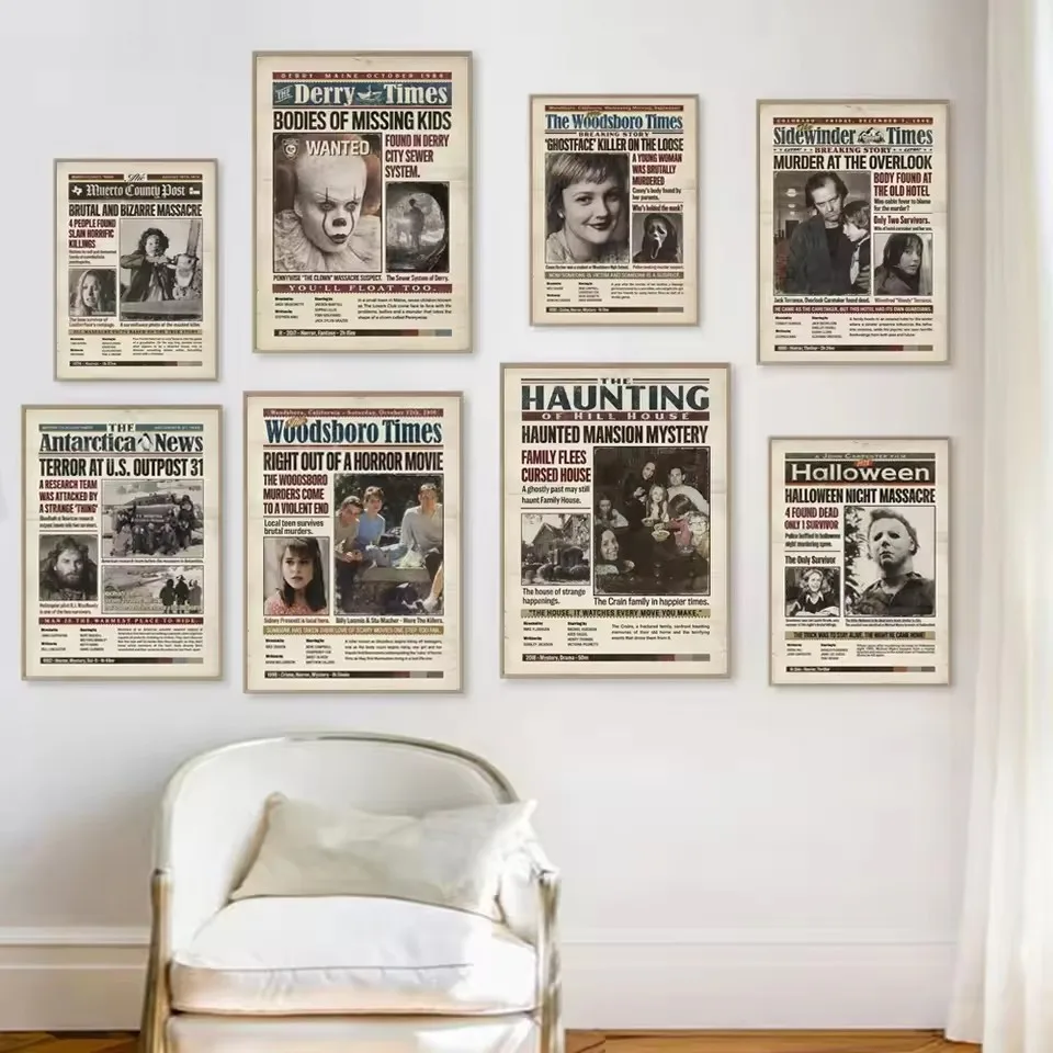 

Vintage Haunting House Horror Movie Poster Scary Canvas Painting Scream TV Series Crime Film Newspaper Wall Picture Cinema Decor