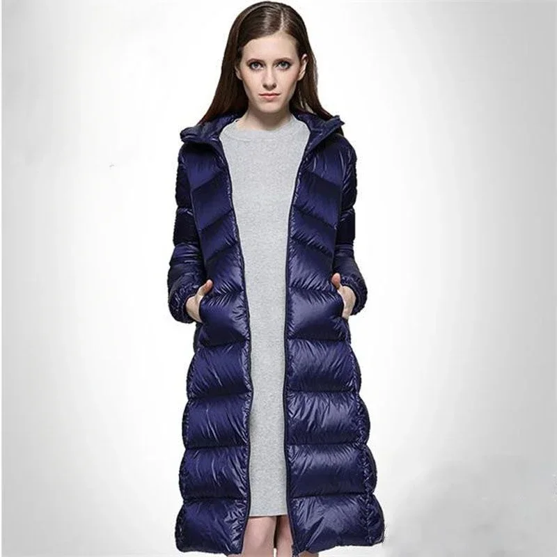 New Women Frivolou Down Jacket Winter Coat Female Long Knee Length Parkas Large Size Hooded Outwear Thin Comfortable Outcoat