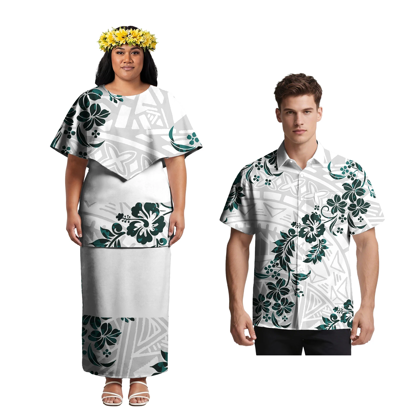 

Island Men Shorts Sleeve Shirt Polynesian Women Church Party Puletasi Samoan Tropical Pattern Plus Size Match Outfits for Couple