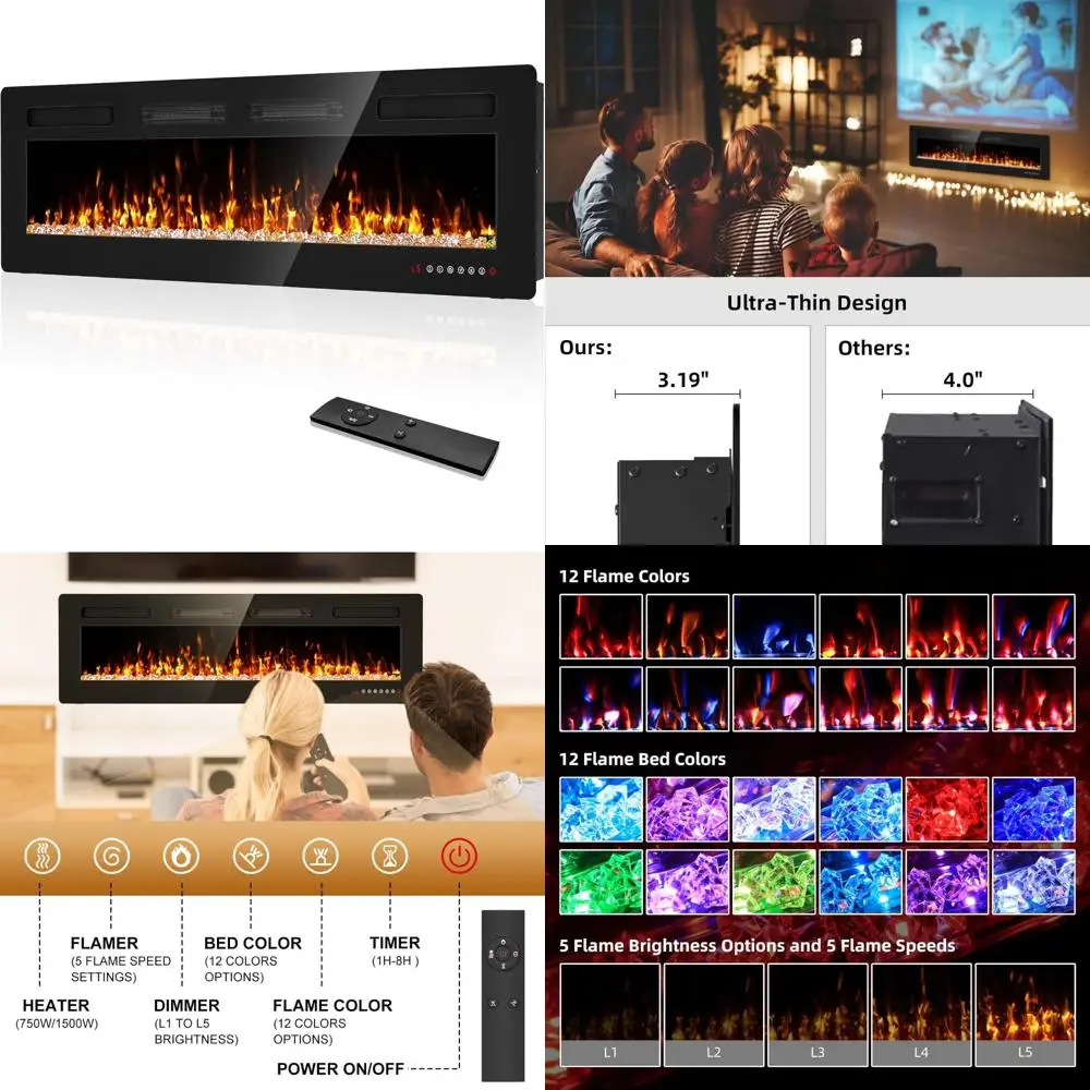 50 Inch Electric Fireplace Insert with Wall Mount, Remote Control, Touchscreen, and 1500W Heater with Timer