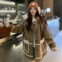 Fur Coat Ladies Winter 2023 New Lamb Add Velvet Padded Warm Autumn and Winter Loose Long Sleeved Big Pocket Splicing Hooded Coat