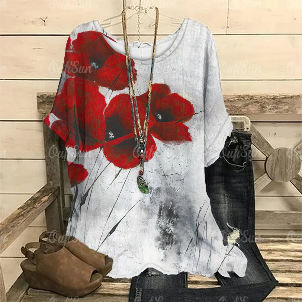 Poppy Flower Print Women Tshirt 2023 Summer Fashion Female Clothing Oversized O-Neck Ladies Top Casual Short Sleeve Pullover Tee