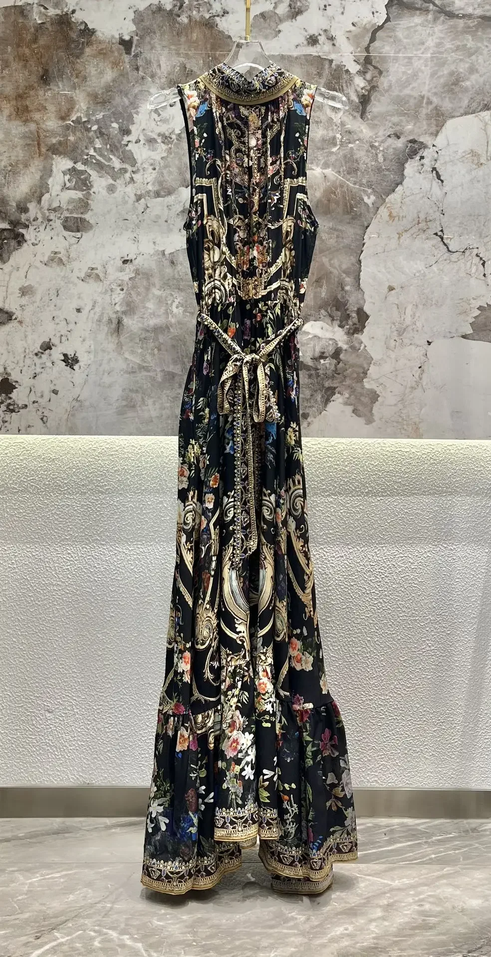 

Women's Robes Vintage 100% Silk Flower Printed Beaded Stand Collar Lace-up Vintage Sleeveless Long Dress