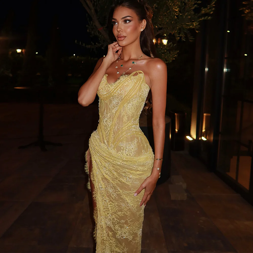 Sexy Customized Side Slit Sweetheart Evening Dress Elegant Lace Up Back Celebrity Gowns Charming Appliques Lace Prom Dresses
