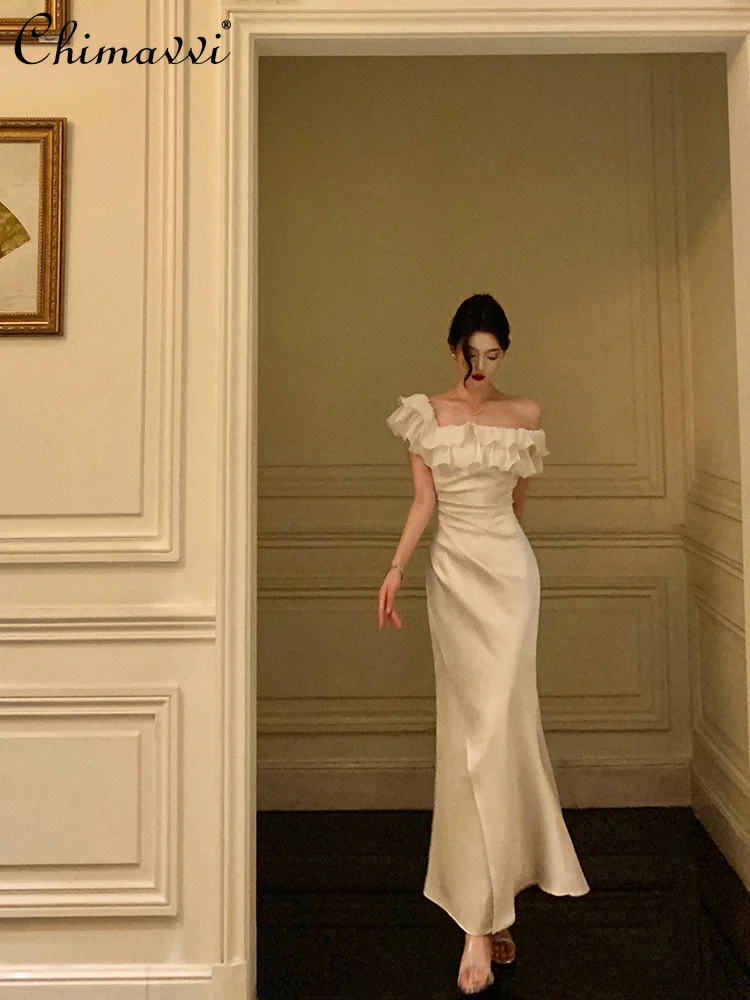 

French Elegant High-End Evening Dress Ruffles Off-Shoulder Sleeveless High-Waist Slim Fit Bodycon Mermaid Long Dress for Women