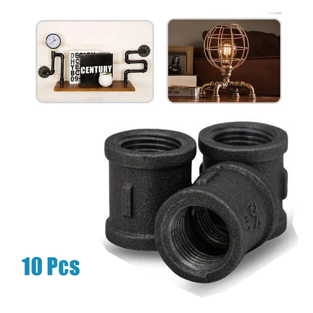 10 Pcs Iron Pipe Fittings Connector Cast Threaded Pipes 1/2'' 3/4'' 1'' Iron Pipe Fittings Antique Loft Style Dark Malleable