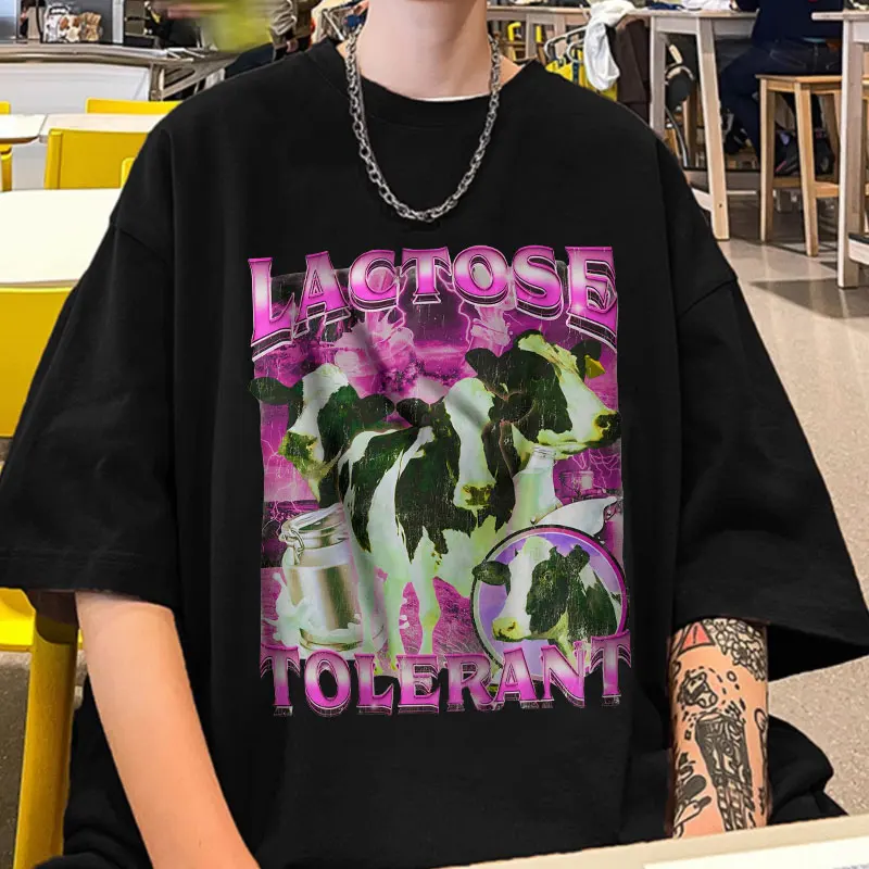 Lactose Tolerant Sticker Funny Meme Gift T Shirt for Friends Lactose Intolerant Milk T-Shirt Men Women Oversized Short Sleeve