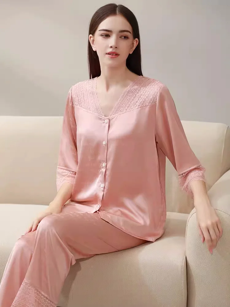 Pure Silk Casual Womens Pajama Set 2Pcs women 100% mulberry silk nightwear