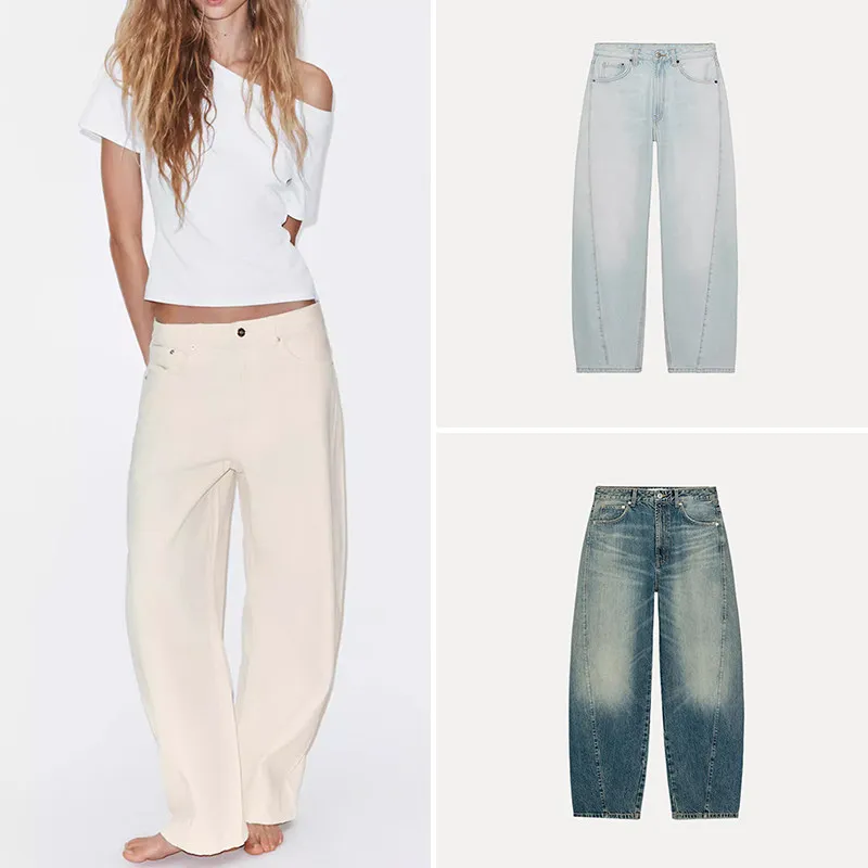 

Spring 2026 Women's Fashion Loose Balloon Denim Jeans Mid-Waist Straight Leg Micro Stretch Natural Waist Button Closure