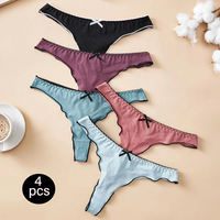 4pcs women's cotton solid color thong sexy comfortable women's underwear daily breathable T-back knitted bow cute girl low-waist