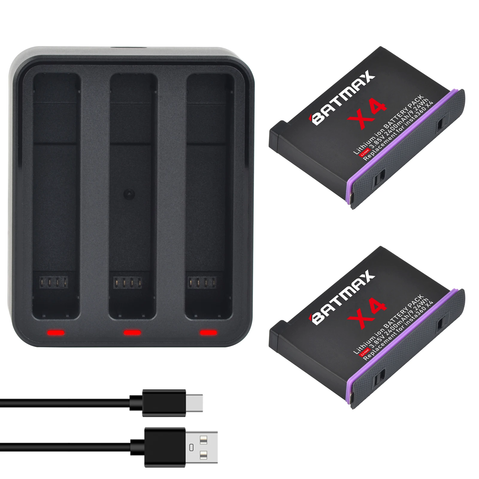 

Batmax 2400mah For Insta360 X4 Battery 3-Slot Charger Fast Charge Hub for Insta360 X4 Camera Power Accessories