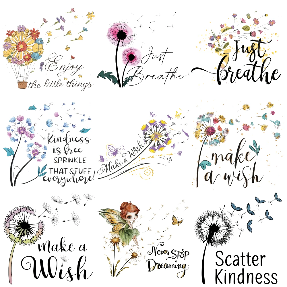 9 Pcs Floral Whimsy Iron on Transfers iron on decals Easy to heat press decals DTF Transfers Ready for clothing, T-shirts,