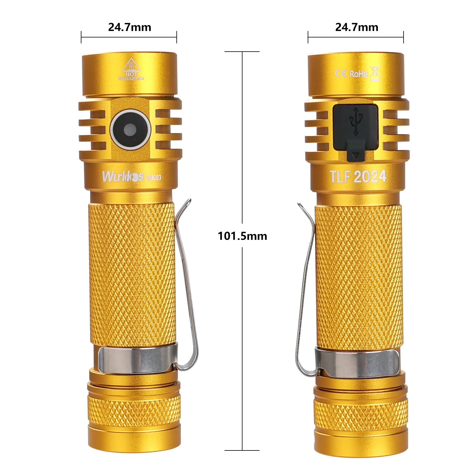 Wurkkos -TLF Golden WK03 18650 Flashlight Nichia 519A 5000K 1200LM USB C Rechargeable IP68 Waterproof Torch for Hiking Camping