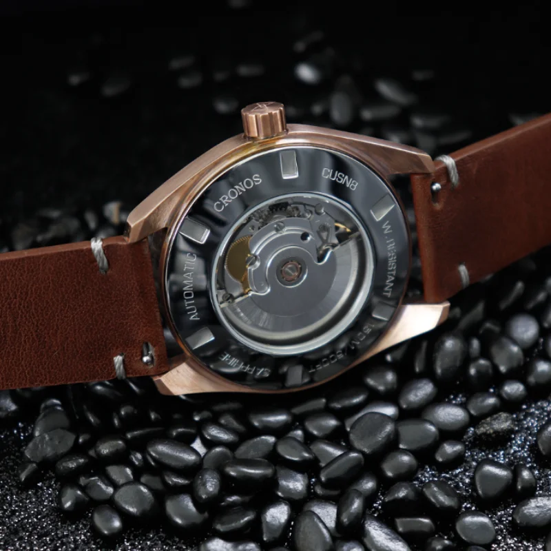 Cronos Men\'s Watches Bronze CuSn8 Automatic Man Watch PT5000/SW200 Movement / New Hands Sapphire Crystal Leather Rubber Strap