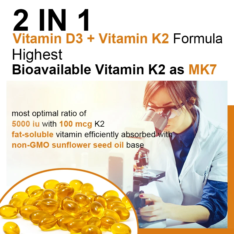 Vitamin D3+K2 Capsules 5,000 IU/100 mcg for Calcium Absorption Immune Support