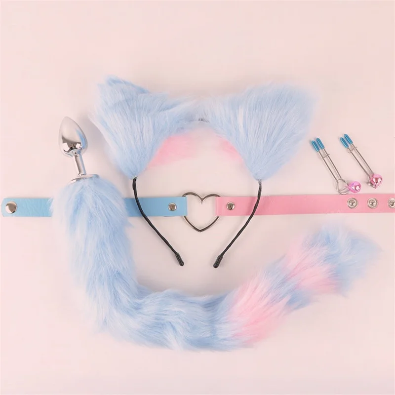 Butt Plug Fox Tail,Nipples Clamps,Kitten Play Collar Choker,Cat Ears Headbands - Starter Cosplay Set for Women/Love Exotic Toys