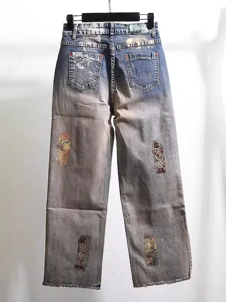 Vintage Street Printed Jeans 2026 New High Waist Slimming Embroidery Embroidery Fashion Trendy All-Match Mop Denim Wide Trousers