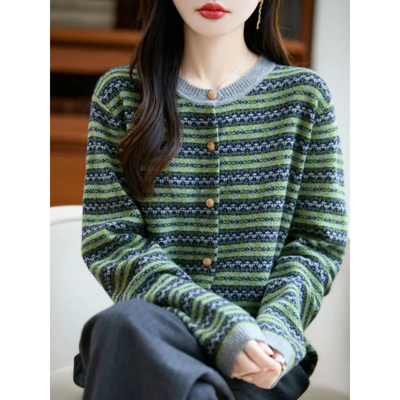 

French Retro Jacquard Striped Knitted Cardigan Women's Short Coat Sweater Autumn and Winter Loose Versatile Top