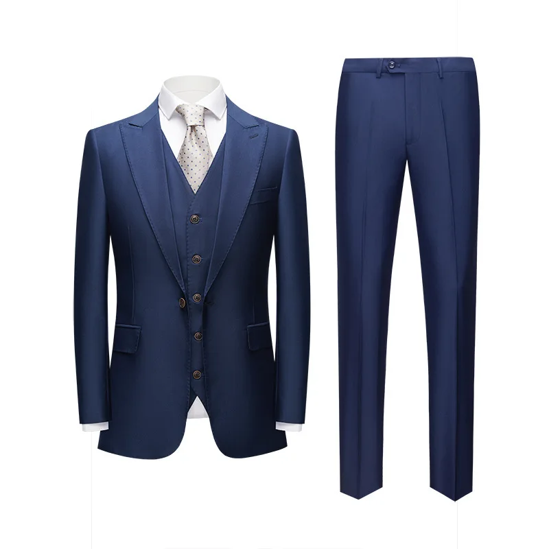 New Autumn/winter Suit Set for Men, British, Korean Version, Slim Fit, Dark Blue Casual Suit Three Piece Set