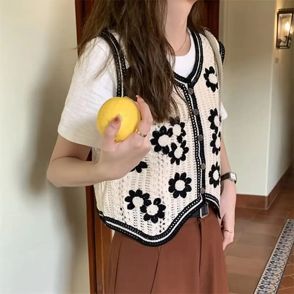 

Fashion Button Front Crochet Waistcoat Sleeveless Boho Style Open-knit Top Beach Cover-up Summer Wear