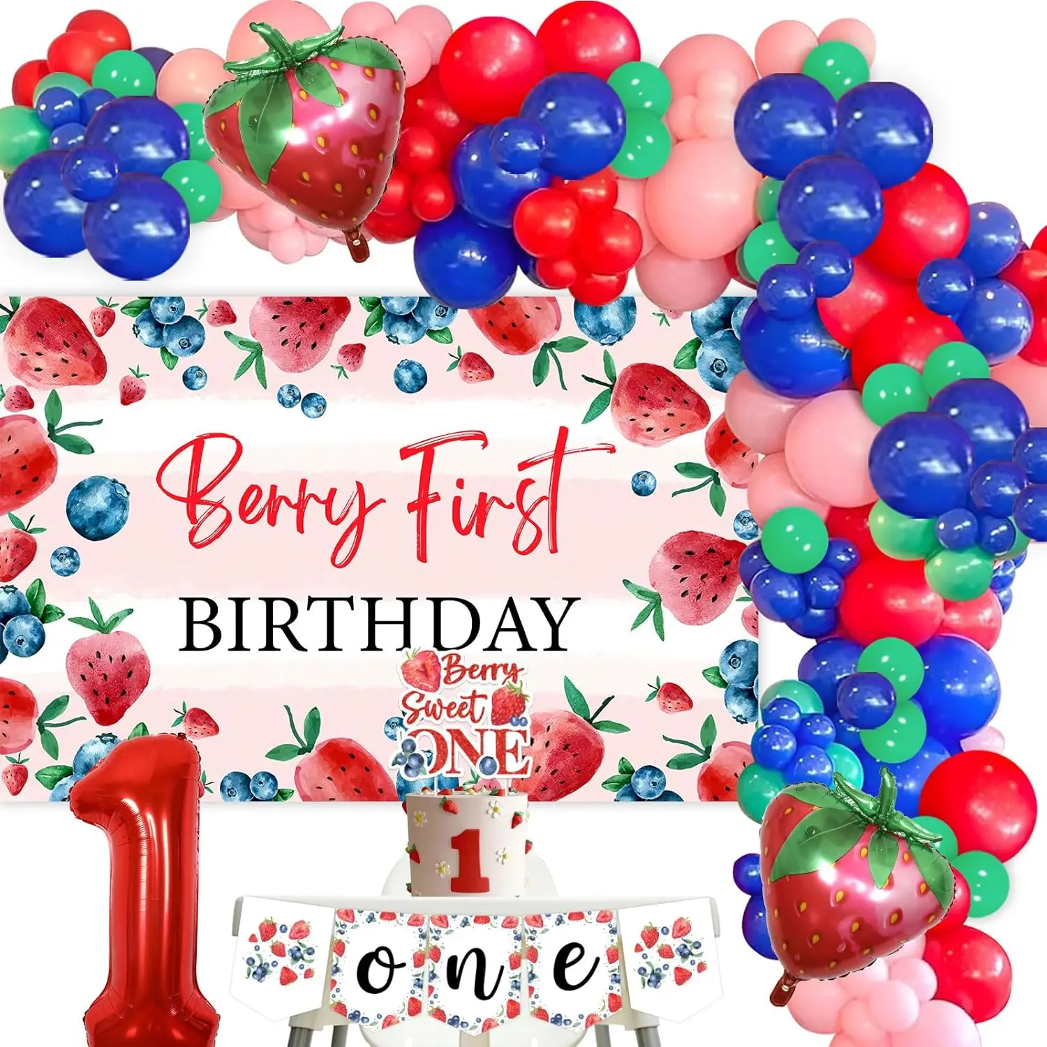 

Berry 1st Birthday Decor Sweet One Party Decor Strawberry First Birthday Backdrop Cake Toppers Balloon Garland Highchair Banner