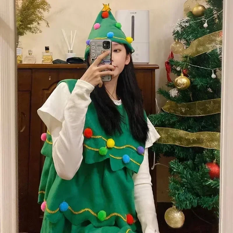 Costume de Cosplay d'arbre de noël pour femmes, vêtements de spectacle de fête de vacances, tissu assorti pour la famille du pèr