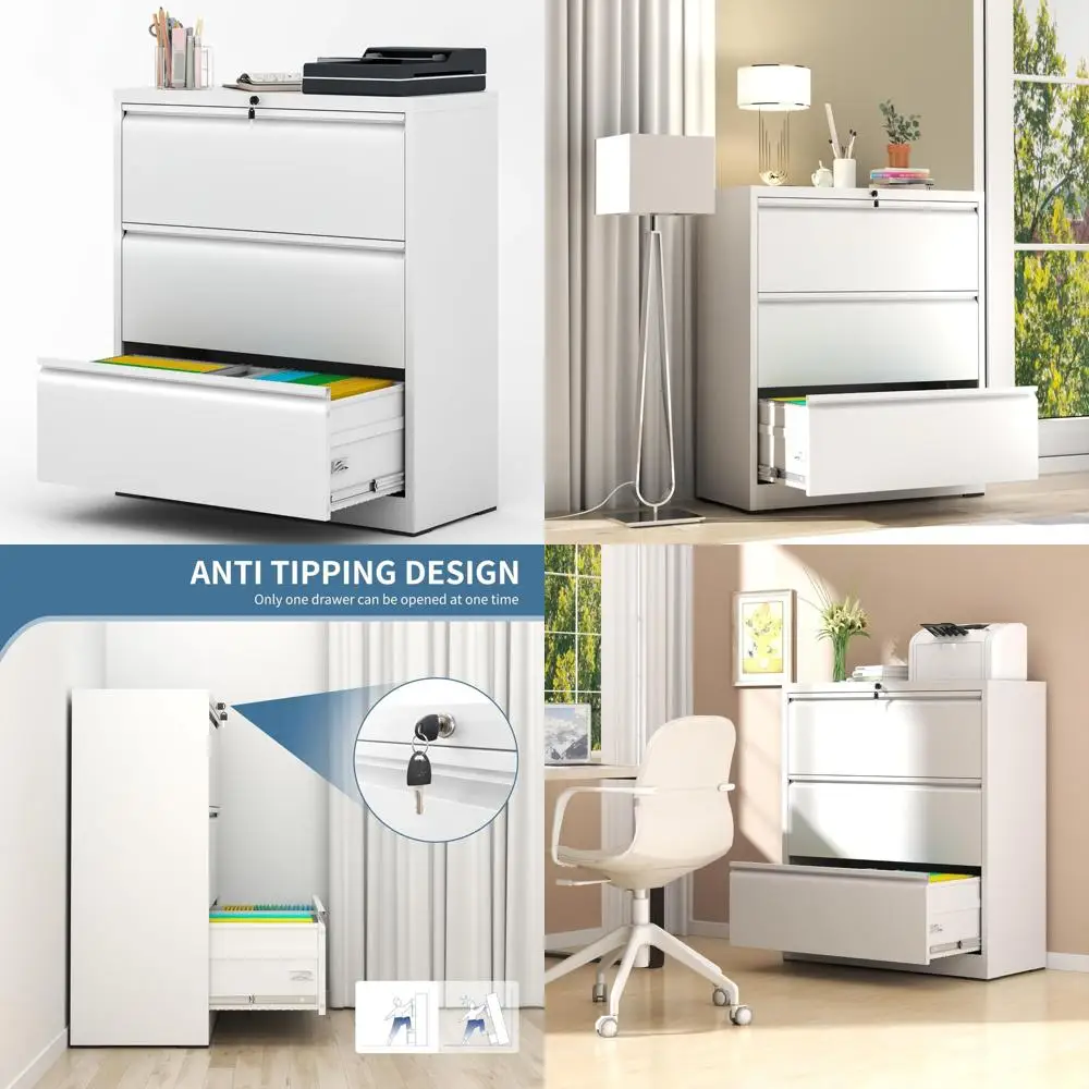 خزانة ملفات جانبية معدنية مع قفل، خزانة ملفات فولاذية ذات 3 أدراج للمكتب المنزلي، خزانة تنظيم واسعة للتخزين #1