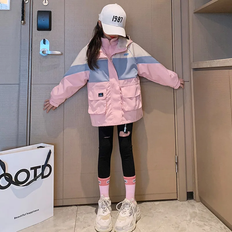 

Baby Girl Top Girls Thick Coat Autumn 2024 New Children's Big Children Storm Jacket 3-in-1 Removable Clip Cotton Trench Coat