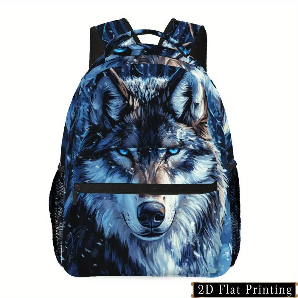 Wolf Head Print Zipper Backpack Unique Hand-Wash Design with Blue Forest Pattern Multi-Purpose Bag for Students and Adults