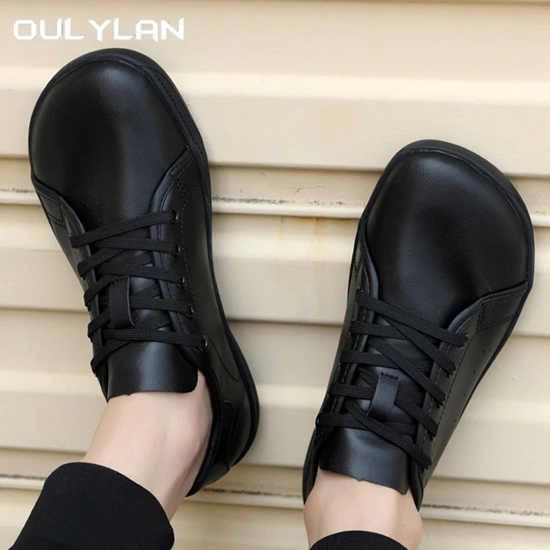 Oulylan Men Minimalist Barefoot Shoes Unisex Wide Width Fashion Sneaker Leather Walking Shoes Lace-up Solid Color Footwear