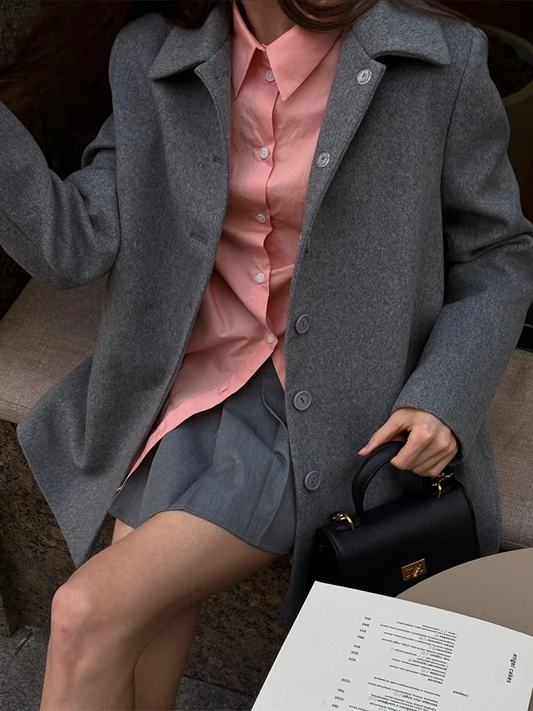 

Single Breasted Women Gray Woolen Overcoat Fashion Lapel Long Sleeve Pockets Jacket 2025 Autumn Lady Daily Commuting Outerwear