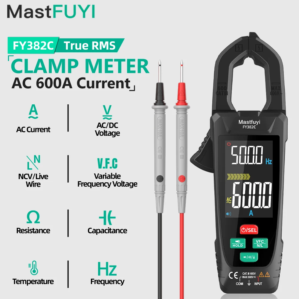 

MASTFUYI 600A Digital Clamp Meter 6000 Counts TRMS AC Current VFC Voltage NCV Diode Capacitance USB Charging Electrician Tool