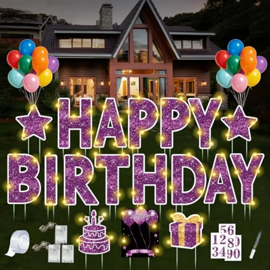 

18 Pcs Happy Birthday Yard Sign with Stakes, Happy Birthday Yard Sign with 49.2 Feet LED Light, 16 In Large Personalized Happy