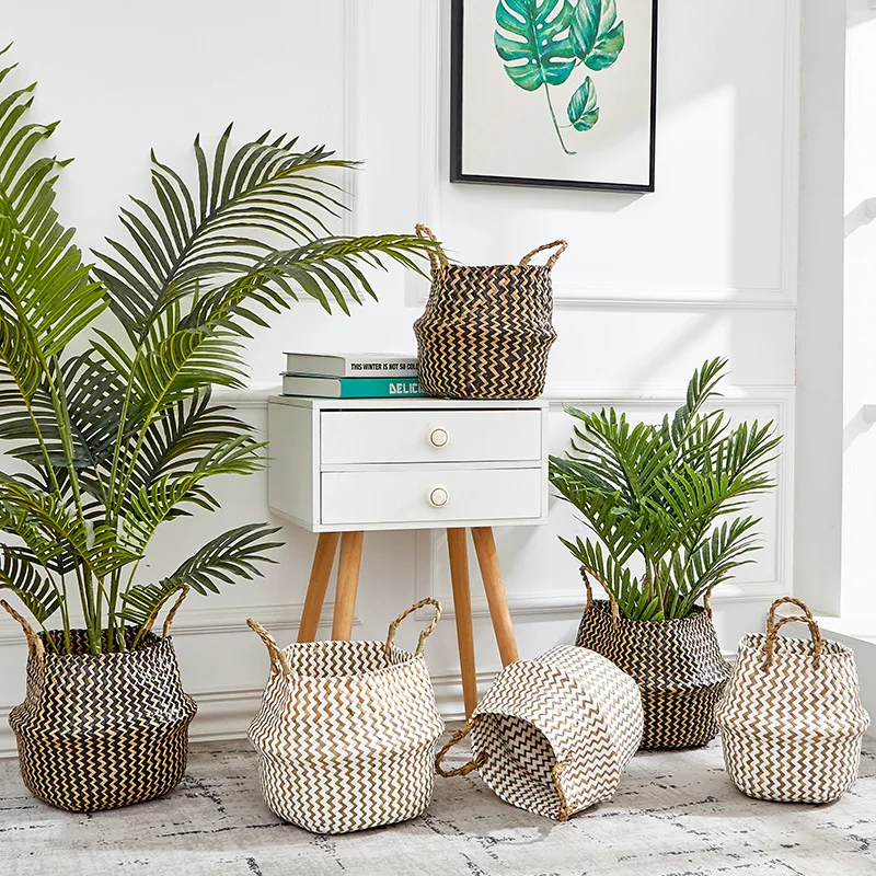 Nordic Hand-woven Grass Flower Basket Hand-woven Basket Home Living Room Flower Pot Decoration Rattan Basket