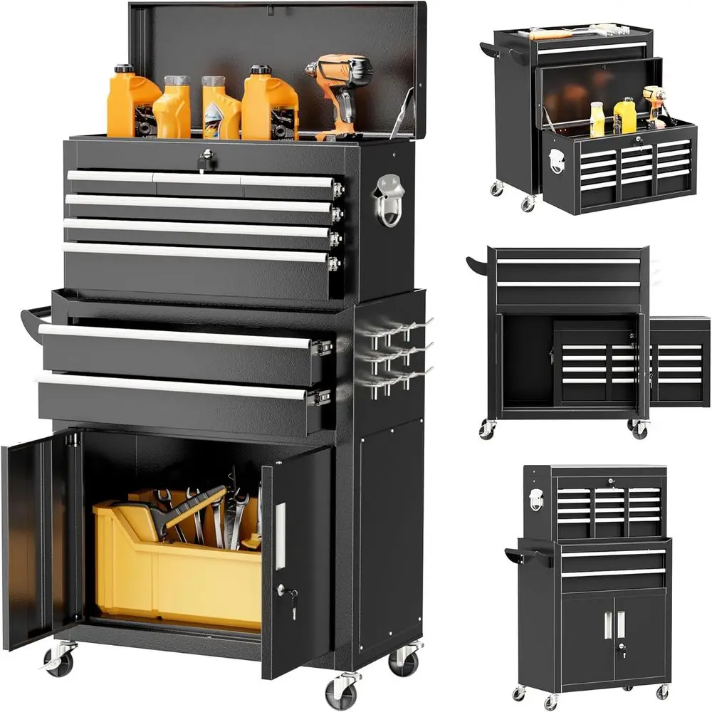 

8 Drawer Rolling Metal Tool Chest with Detachable Storage, Lockable Cabinet on Wheels for Garage and Workshop Use (Black)