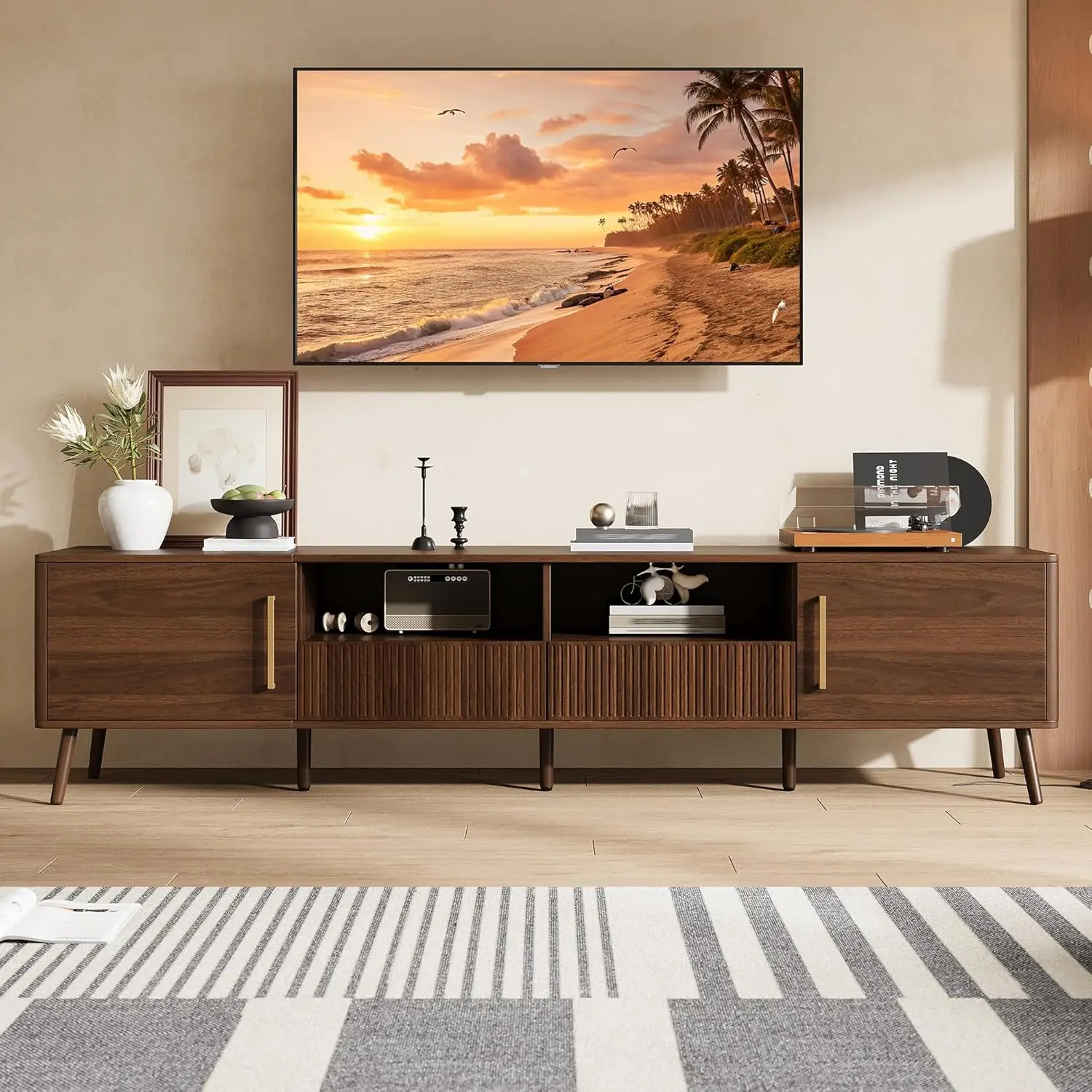 

Тумба под телевизор Mid Century 78 дюймов, современный медиацентр для телевизоров до 85 дюймов, медиаконсоль с 2 шкафами и 2 ящиками для гостиной