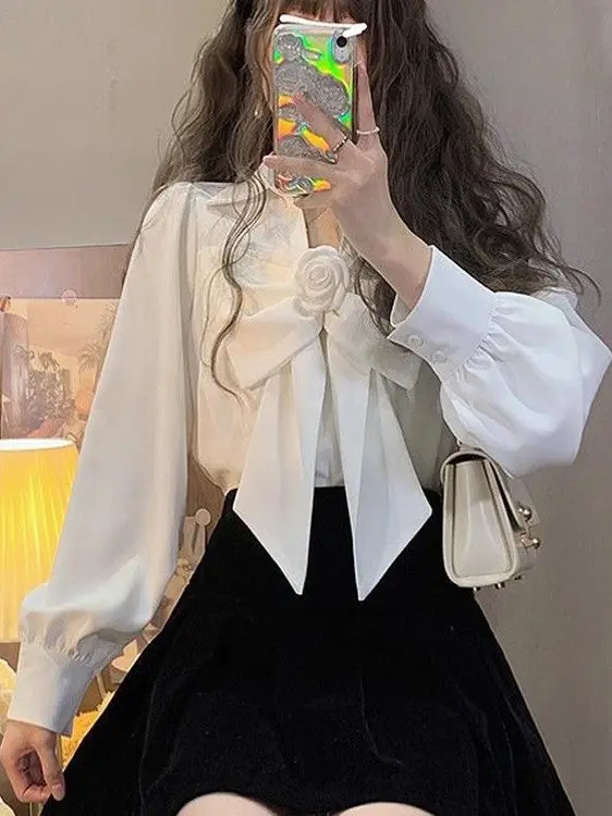 Sweet Knot Long Sleeve Women's Shirt Stylish Slimming Top Trendy Korean Style Commute Fashion Loose Fit Button Detail