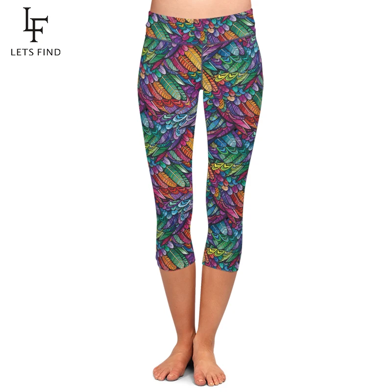 

LETSFIND Summer Style 3D Colorful Feathers Design Digital Printing Capri Leggings High Waist Women Mid-Calf 3/4 Pants