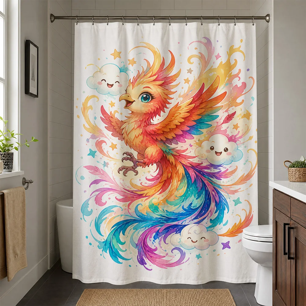 Cute Colorful Phoenix Shower Curtain Waterproof Bathroom Shower Liner Decor Cartoon Kids Aesthetic Tropical Design