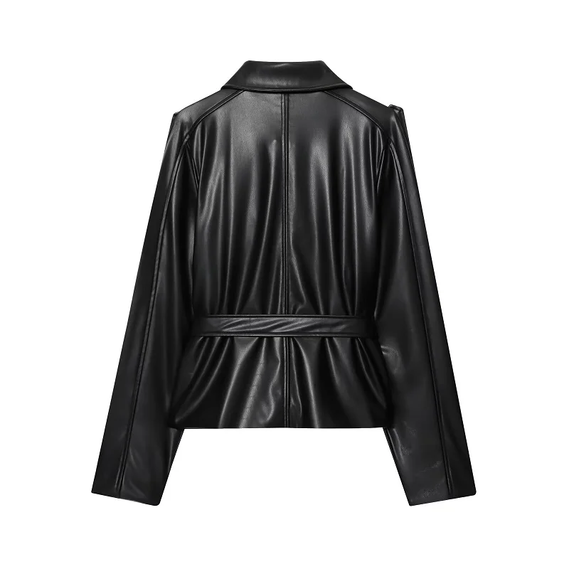 MUJER Black Women's Trench Coat Faux Leather Cropped Jacket Woman New in Outdoor Coats Women's Windbreaker Fashion Outerwears